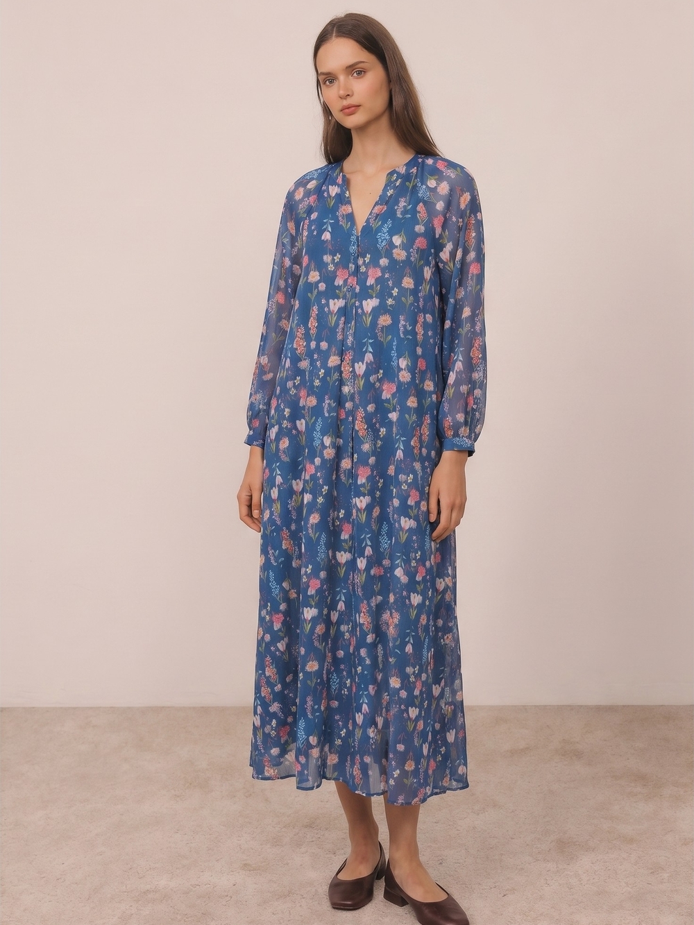 Hyacinth House Tuckernuck 3/4 Sleeve Blue Floral V-Neck Maxi Dress Romantic Sz S